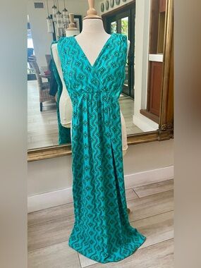 Boho Chic Teal Patterned and Beaded Maxi Dress - Size Small